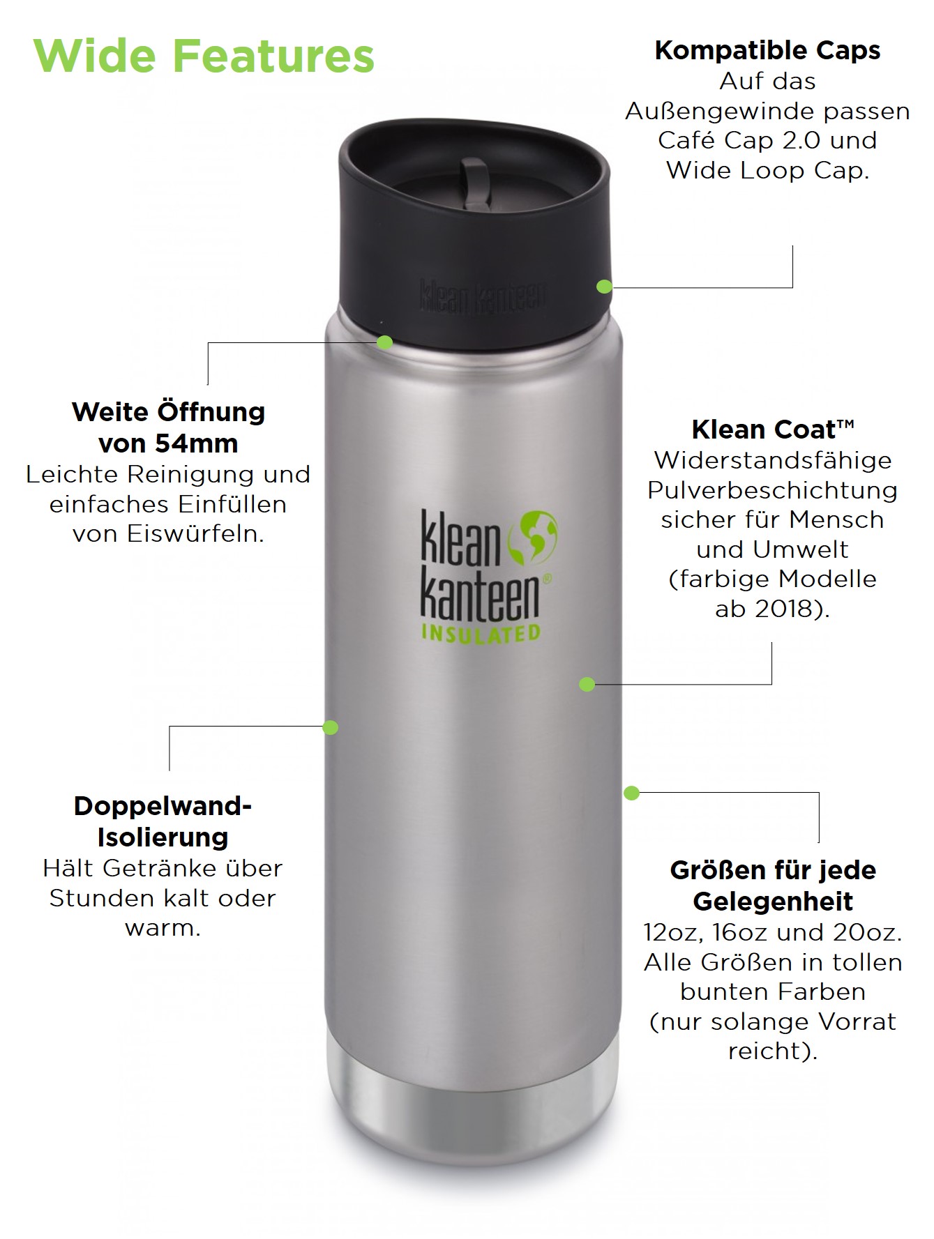 Isolierflasche Klean Kanteen TKWide Vakuumisoliert Café Cap 2.0 
